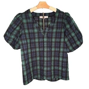 LOFT Petite Small Plaid Blouse – Navy & Green – Balloon Sleeve Woman’s Blouse